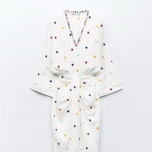 Zara White RV-Neck Gown with Bishop Sleeves embroidered Pom Pom dress